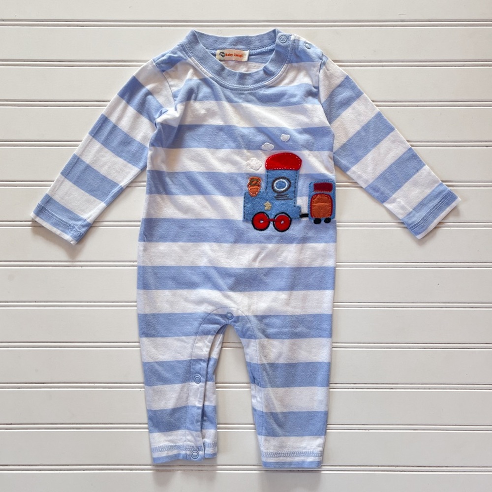 BABY LUIGI VGUC Boys Train Appliqué Striped Romper